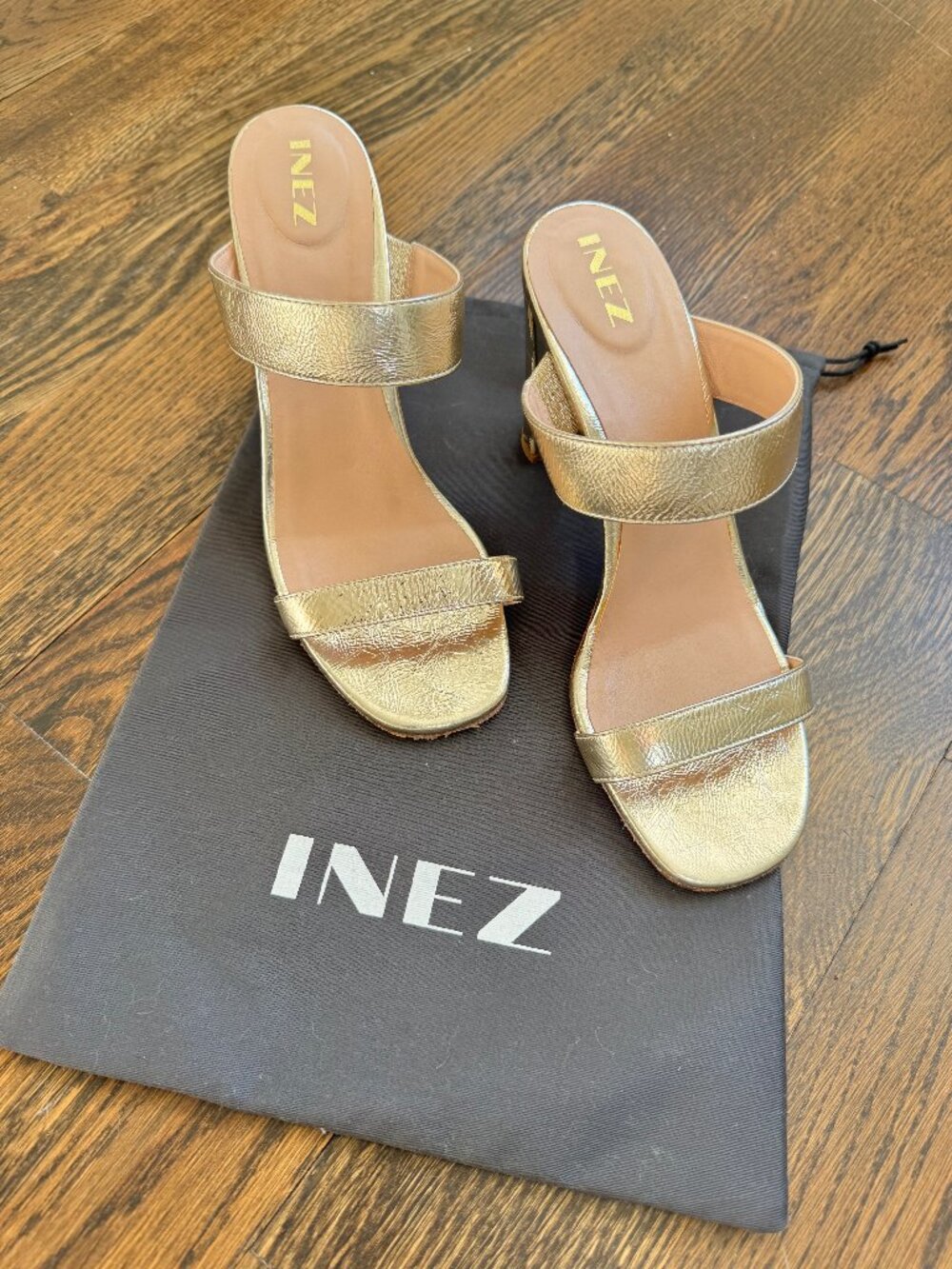 INEZ Metallic Gold Two-Strap Open-Toe Heels